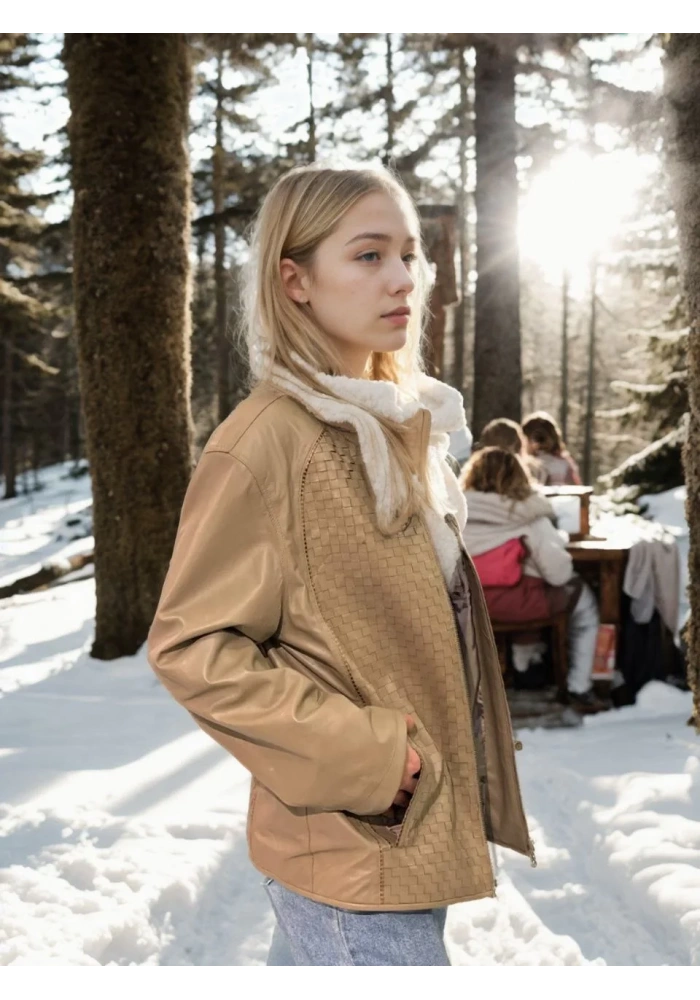 Kadın Fileli Deri Ceket - Krem