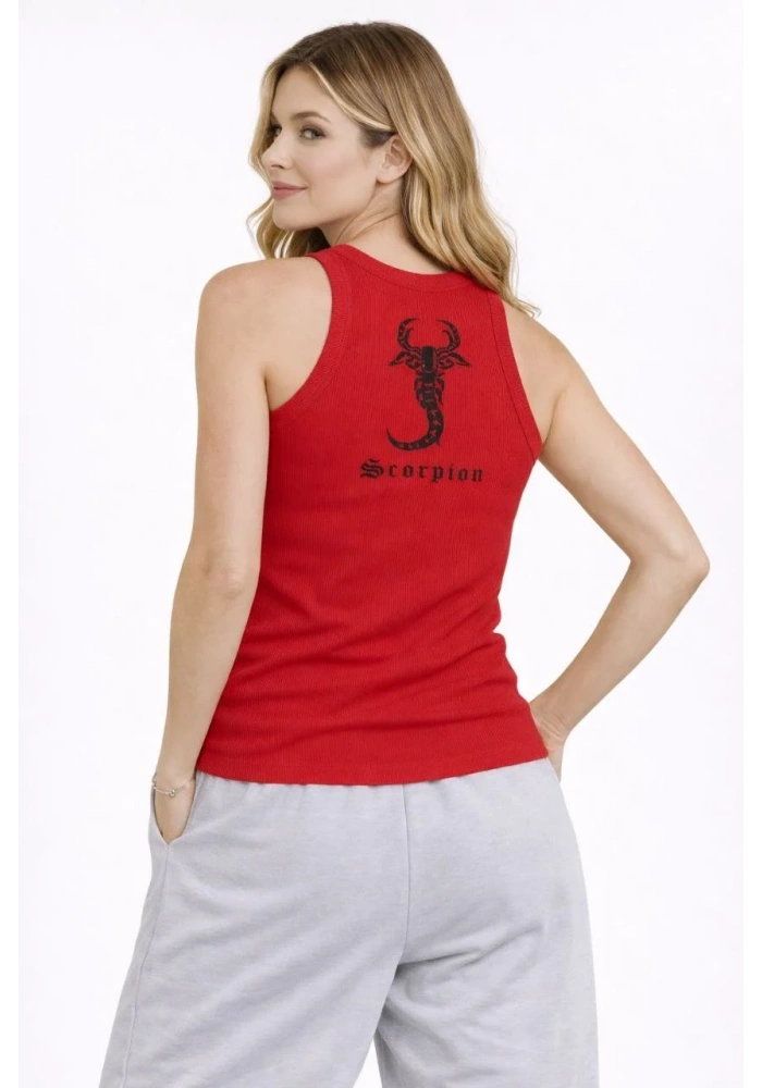 Kadın Fitilli Atlet Sıfır Yaka Slim Fit Arka Baskılı Spor Atlet - Kırmızı