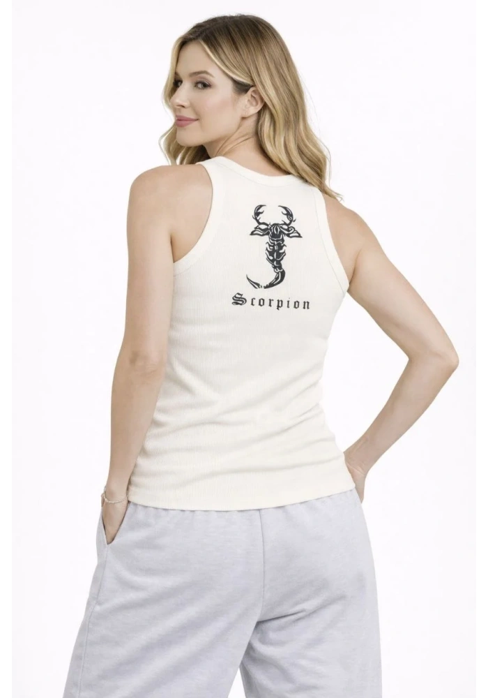 Kadın Fitilli Atlet Sıfır Yaka Slim Fit Arka Baskılı Spor Atlet - Krem