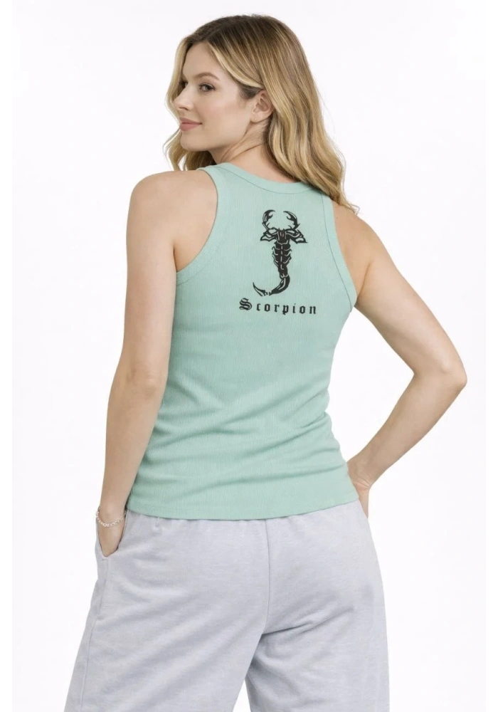 Kadın Fitilli Atlet Sıfır Yaka Slim Fit Arka Baskılı Spor Atlet - Mint Yeşili