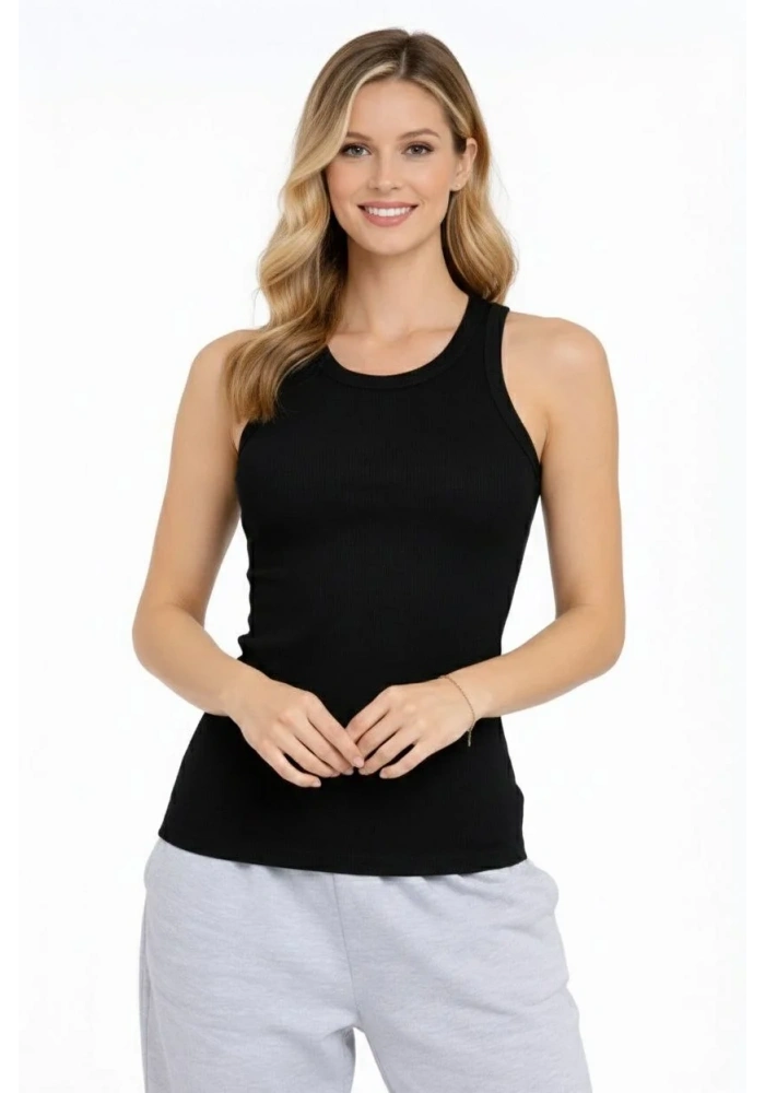 Kadın Fitilli Atlet Sıfır Yaka Slim Fit Arka Baskılı Spor Atlet - Siyah