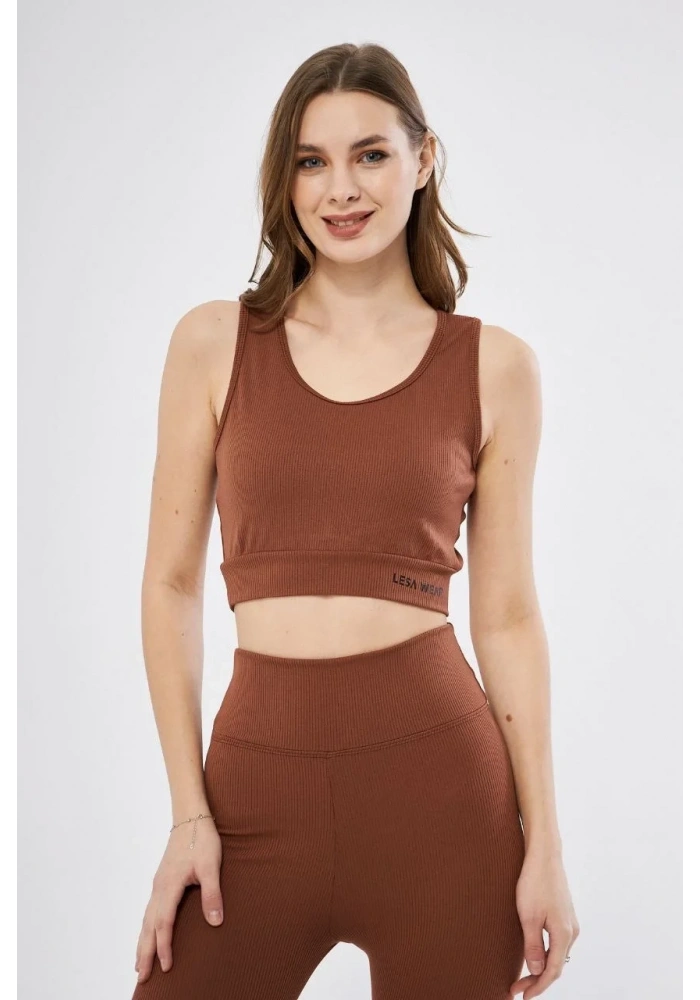 Kadın Fitilli Baskılı Crop - Kahve