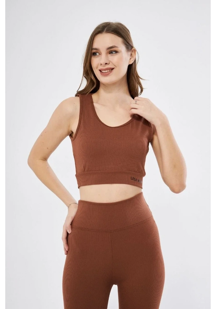 Kadın Fitilli Baskılı Crop - Kahve