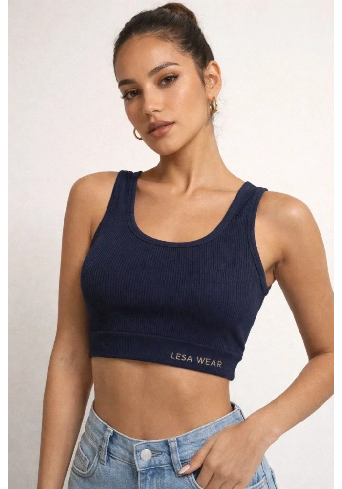 Kadın Fitilli Baskılı Crop - Lacivert