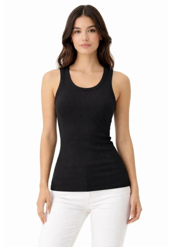 Kadın Fitilli Likralı Kaşkorse Atlet Vücuda Oturan Basic Şıklık - Siyah