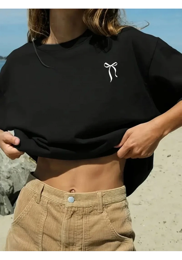 Kadın Tişört fiyonk baskılı Bisiklet yaka yazlık Kısa Kol oversize t-shirt - Siyah