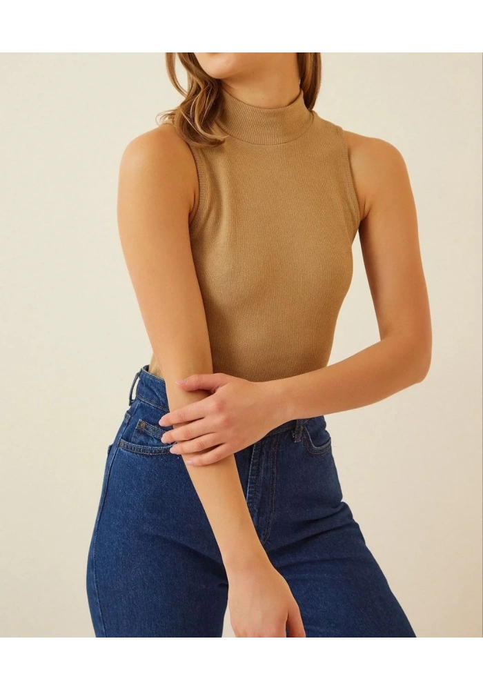 Kadın Full Likralı Fitilli Kaşkorse Body - Camel