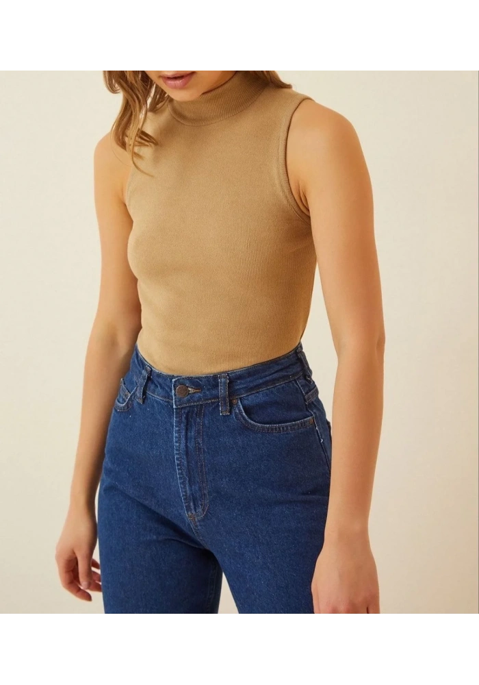 Kadın Full Likralı Fitilli Kaşkorse Body - Camel