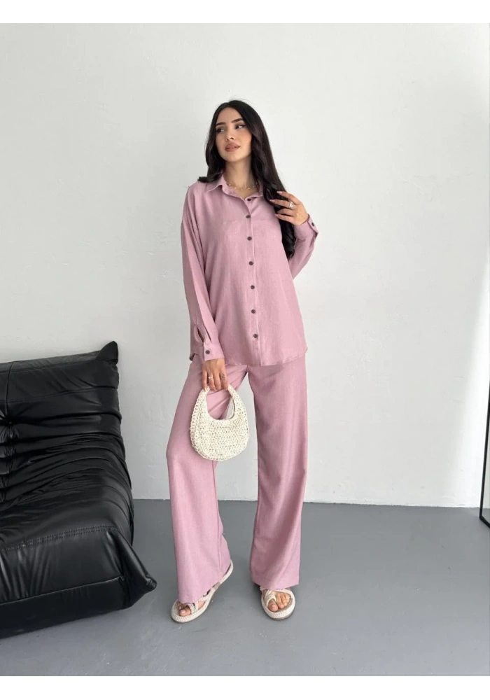 Kadın Gömlek Pantolon ikili Alt-Üst Takım - Toz Pembe
