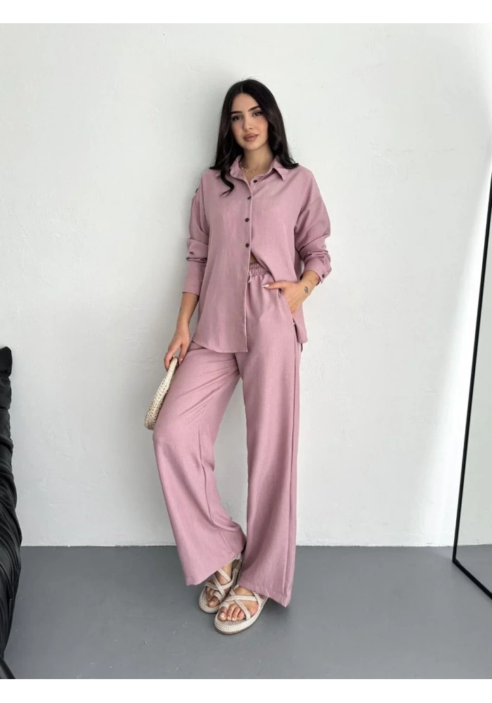 Kadın Gömlek Pantolon ikili Alt-Üst Takım - Toz Pembe