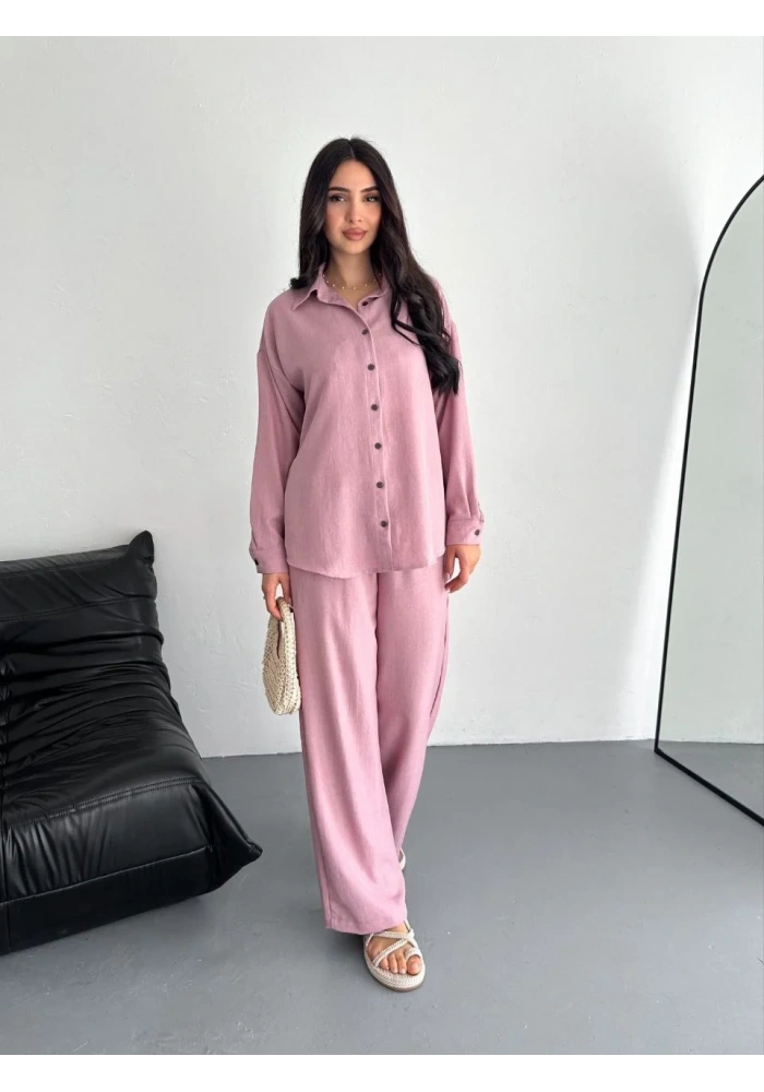 Kadın Gömlek Pantolon ikili Alt-Üst Takım - Toz Pembe