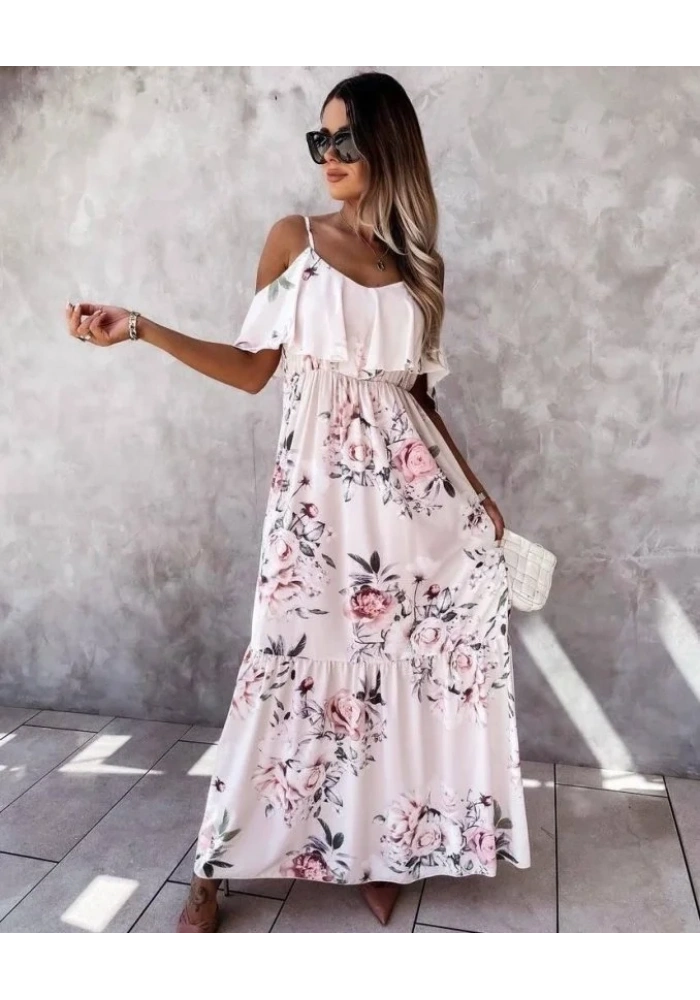 Kadın Gül Desenli Maxi Boy Mikro Kumaş Elbise