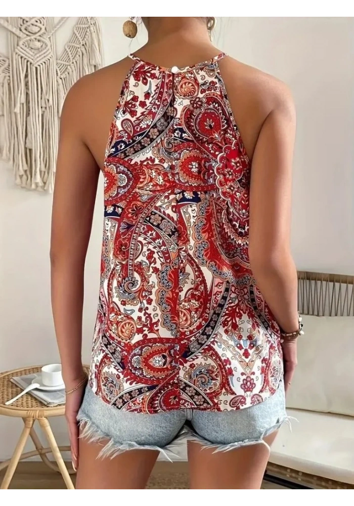 Kadın Halter Kollu Damla Detaylı Desenli Süprem Bluz