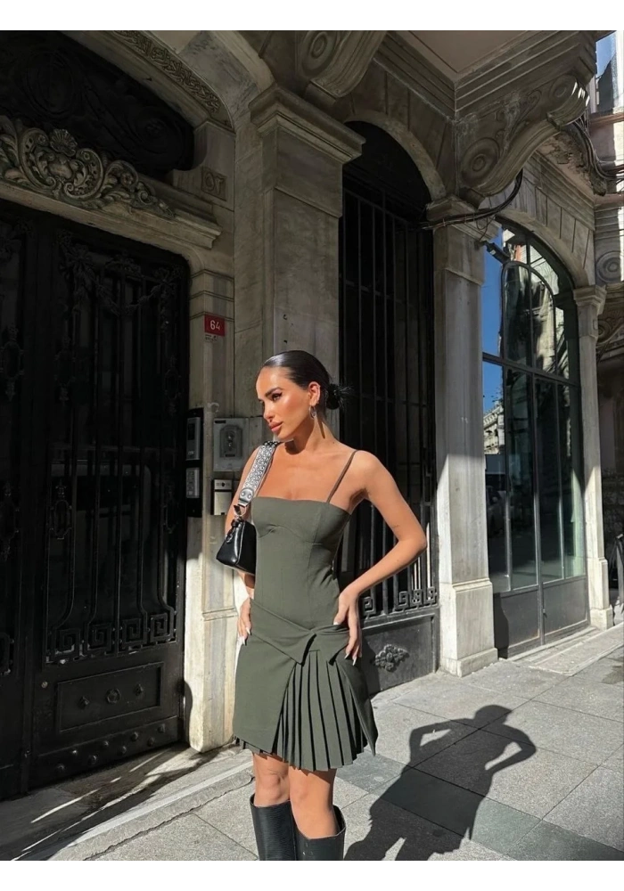 Kadın İki Parçalı Pileli Askılı Kadın Mini Elbise - Haki