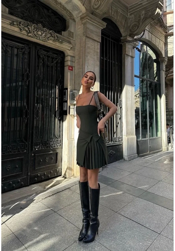 Kadın İki Parçalı Pileli Askılı Kadın Mini Elbise - Haki