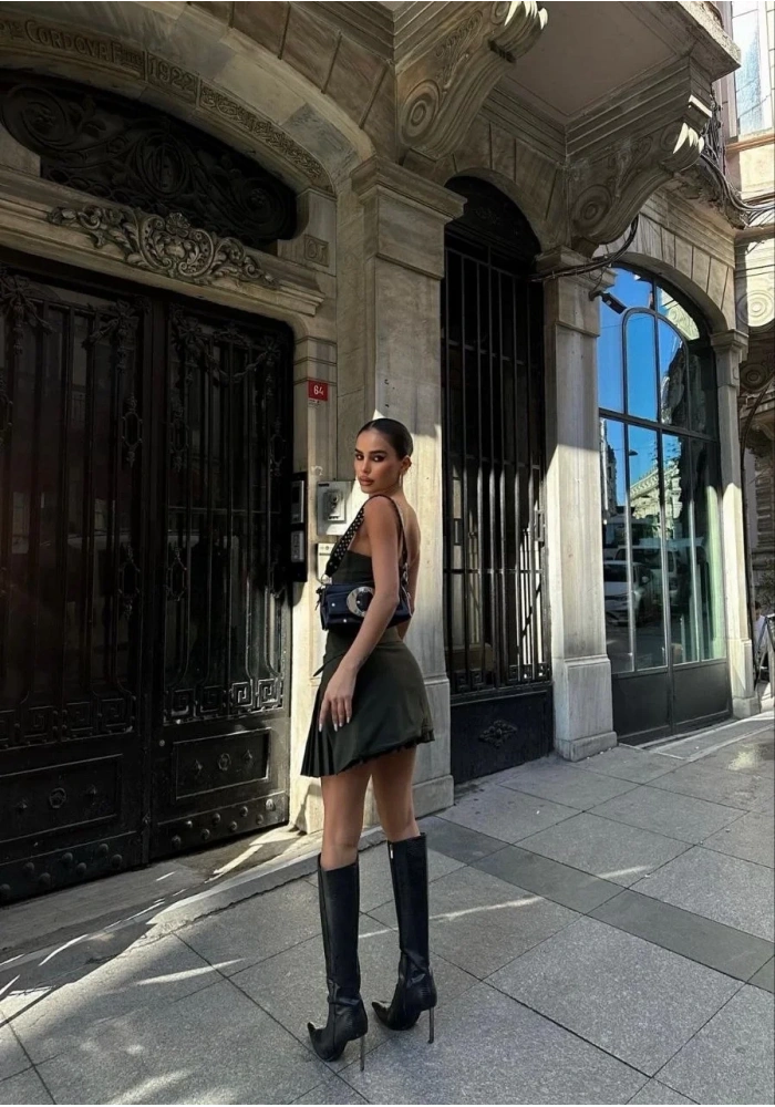 Kadın İki Parçalı Pileli Askılı Kadın Mini Elbise - Haki