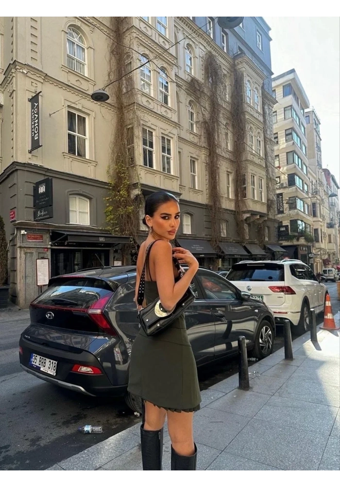 Kadın İki Parçalı Pileli Askılı Kadın Mini Elbise - Haki