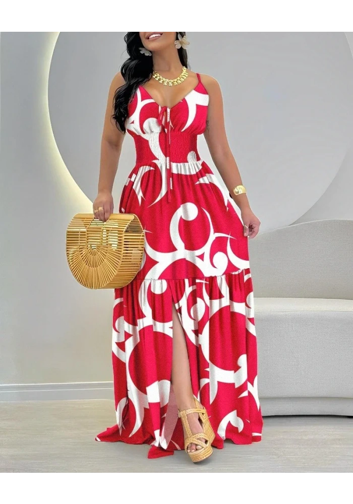 Kadın Ip Askılı Dekolteli Bağcıklı Yırtmaçlı Desenli Süprem Elbise