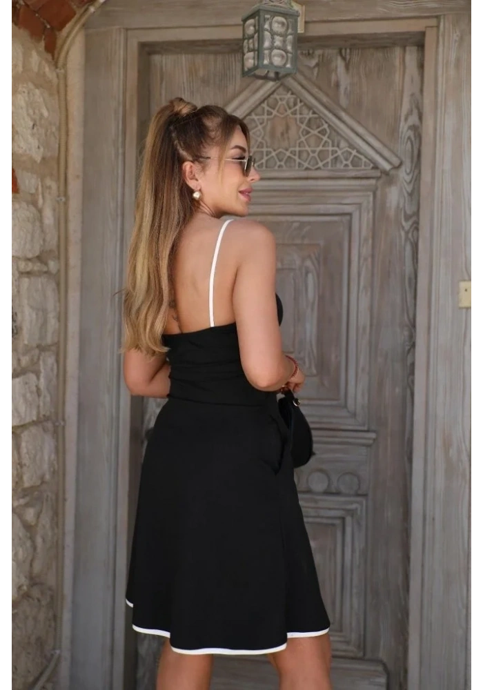 Kadın Ip Askılı Geniş V Yakalı çift Renkli Janjan Krep Elbise