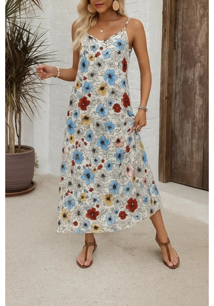 Kadın Ip Askılı Geniş V Yakalı Desenli Süprem Elbise