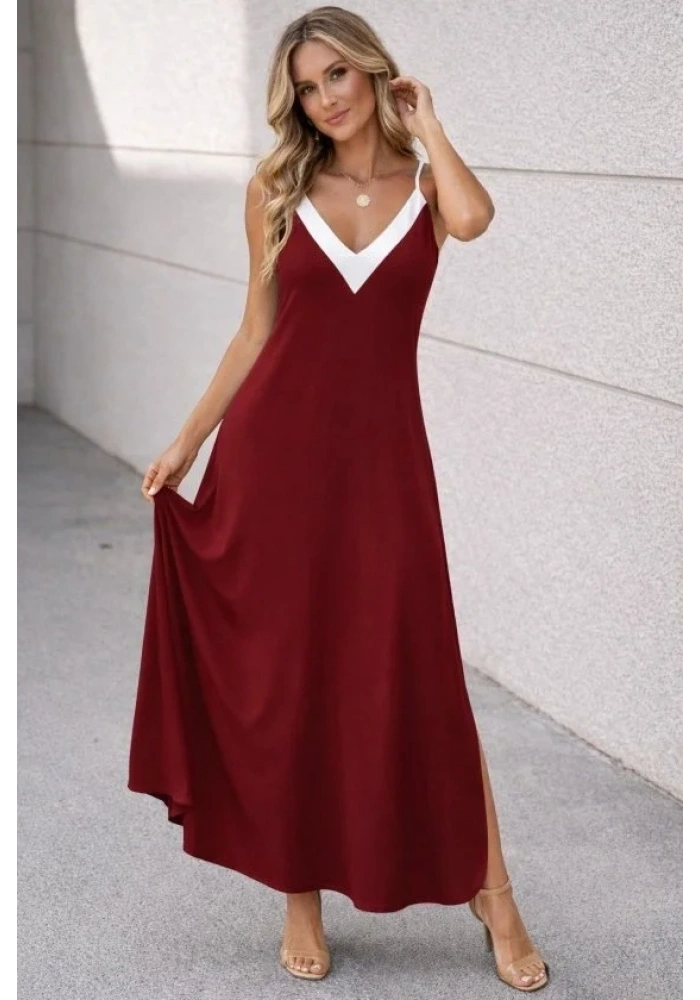 Kadın Ip Askılı Keskin V Yakalı Uzun Viskon Elbise