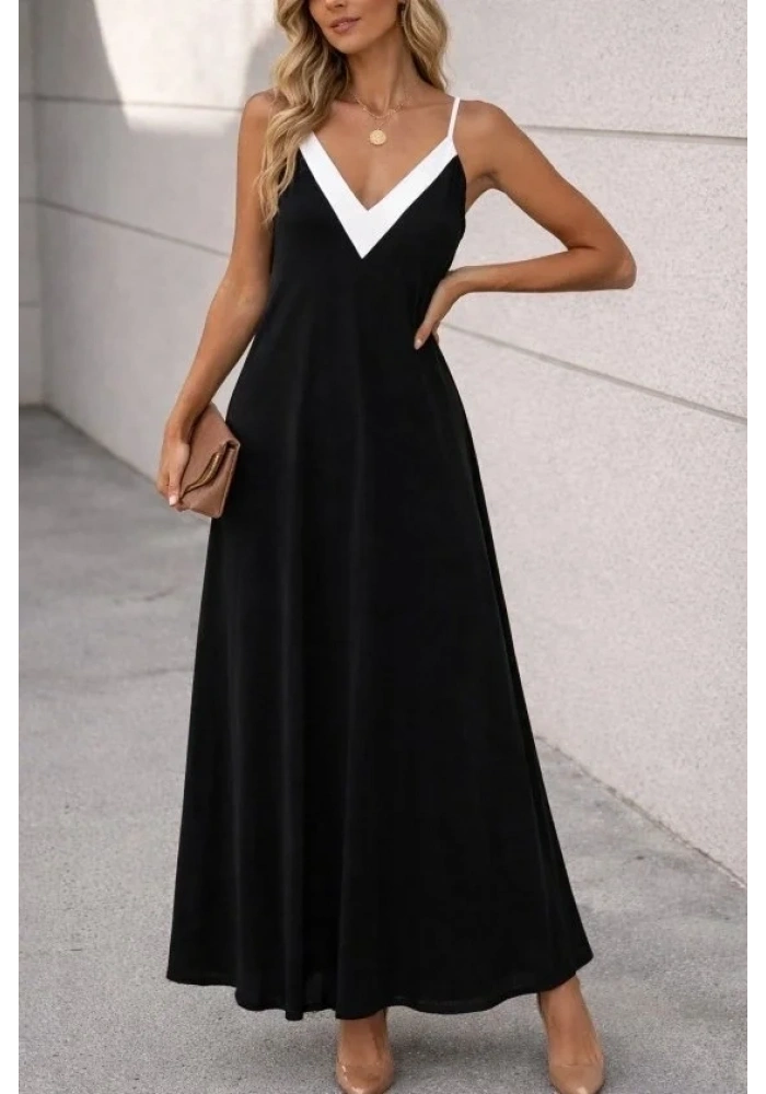 Kadın Ip Askılı Keskin V Yakalı Uzun Viskon Elbise