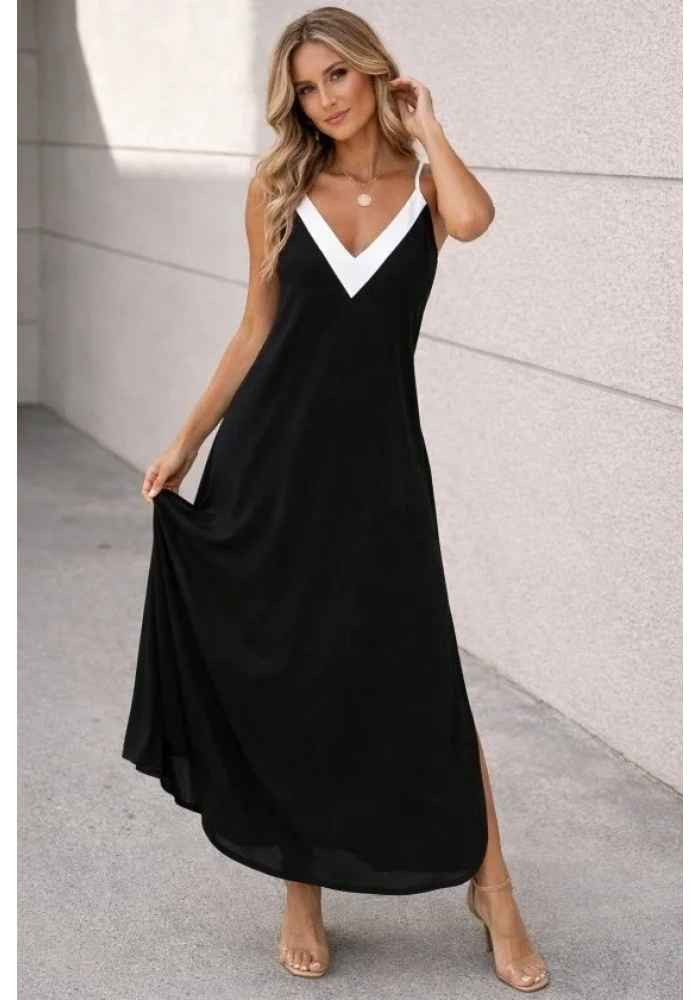 Kadın Ip Askılı Keskin V Yakalı Uzun Viskon Elbise