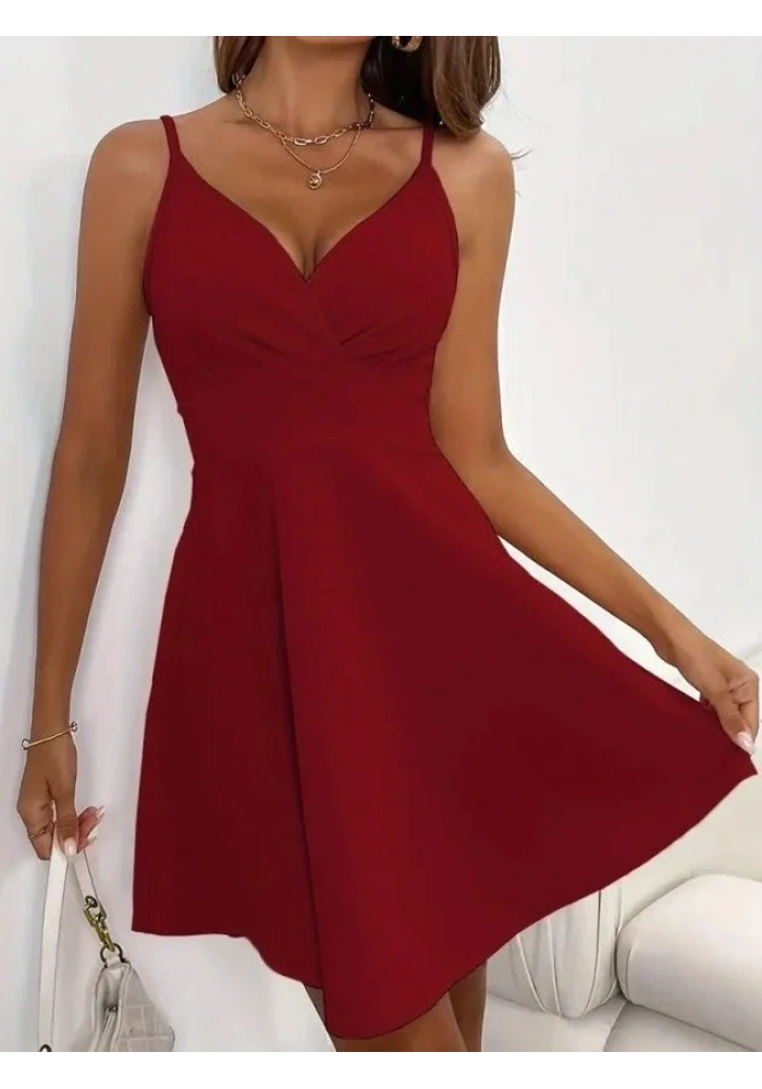 Kadın Ip Askılı Kruvaze Yakalı Kısa ıthal Krep Elbise