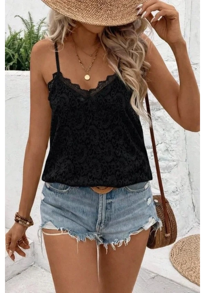 Kadın Ip Askılı V Dantel Yakalı Dantel Bluz