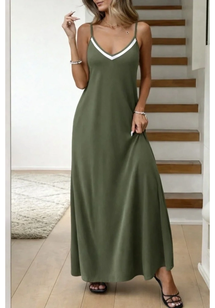 Kadın Ip Askılı V şerit Yakalı Uzun Viskon Elbise