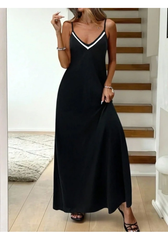 Kadın Ip Askılı V şerit Yakalı Uzun Viskon Elbise