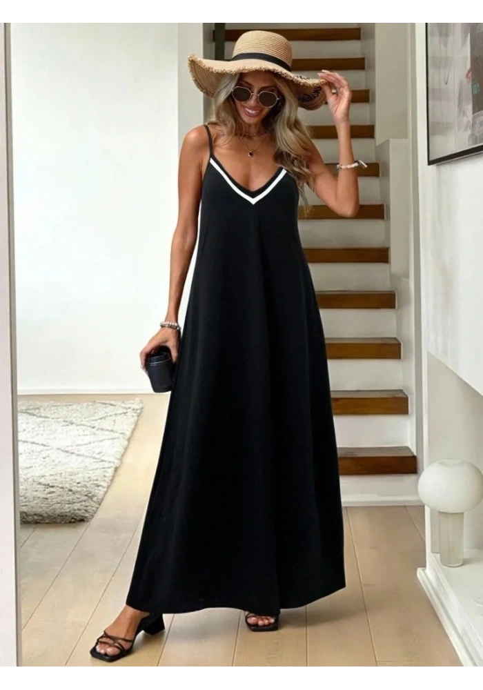 Kadın Ip Askılı V şerit Yakalı Uzun Viskon Elbise