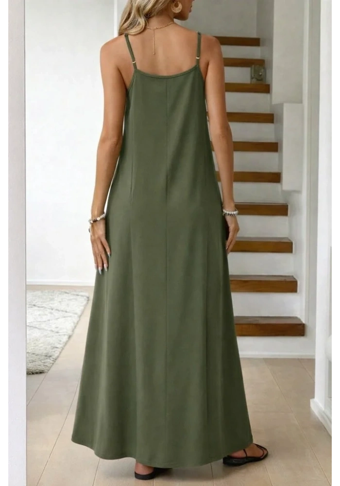 Kadın Ip Askılı V şerit Yakalı Uzun Viskon Elbise