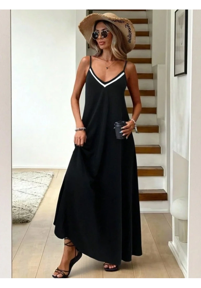 Kadın Ip Askılı V şerit Yakalı Uzun Viskon Elbise