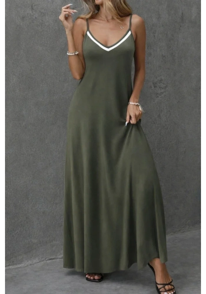 Kadın Ip Askılı V şerit Yakalı Uzun Viskon Elbise