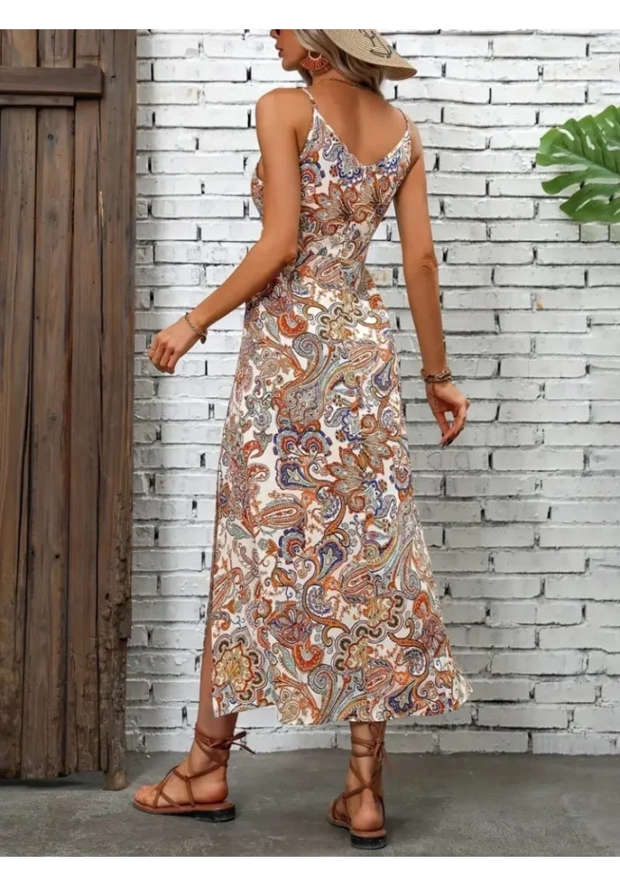 Kadın Ip Askılı V Yakalı Baskılı Yırtmaçlı Süprem Uzun Elbise