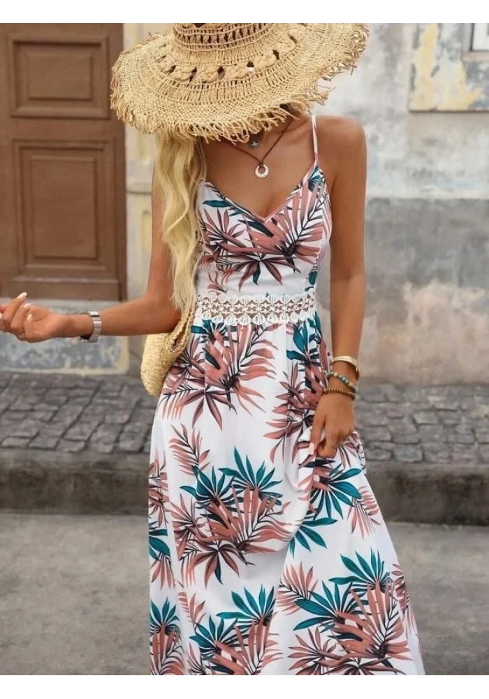 Kadın Ip Askılı V Yakalı Beli Dantelli Uzun Süprem Elbise