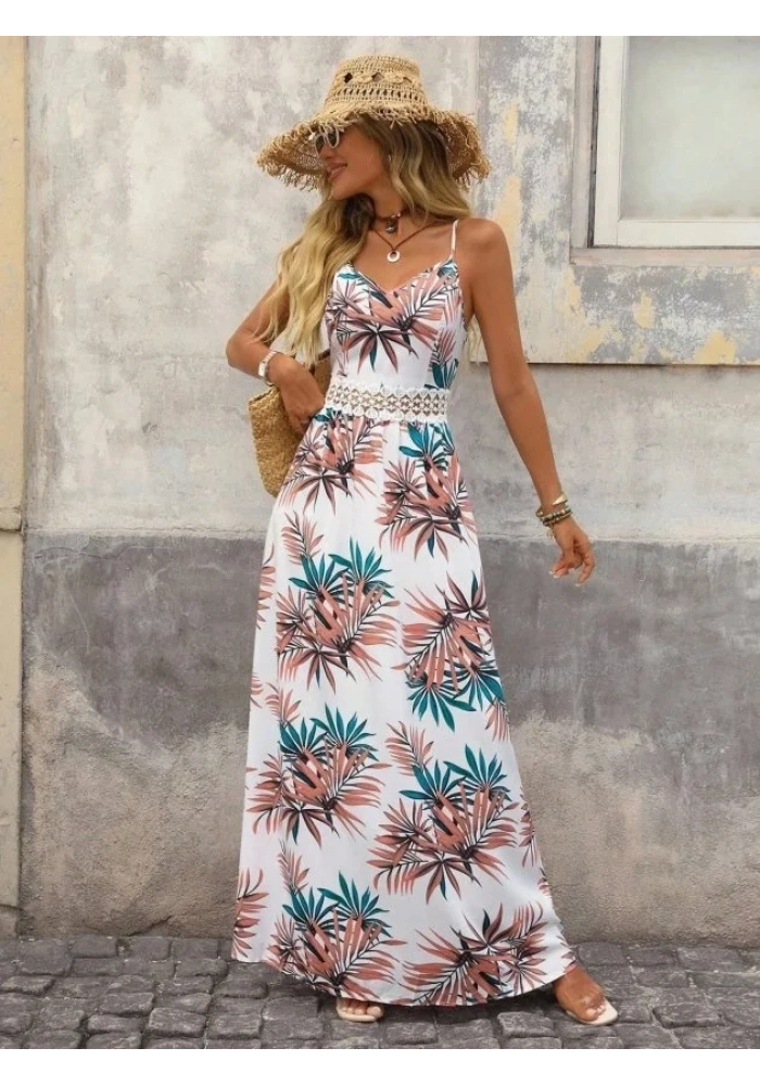 Kadın Ip Askılı V Yakalı Beli Dantelli Uzun Süprem Elbise