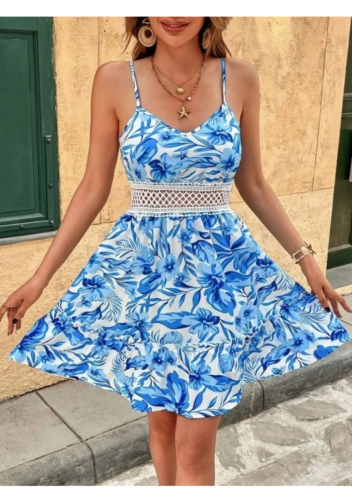 Kadın Ip Askılı V Yakalı Kısa Desenli Süprem Elbise