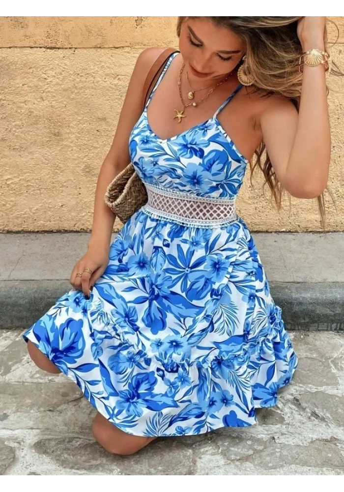 Kadın Ip Askılı V Yakalı Kısa Desenli Süprem Elbise