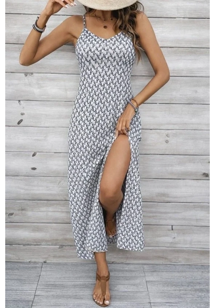 Kadın Ip Askılı V Yakalı Yırtmaçlı Uzun Süprem Elbise