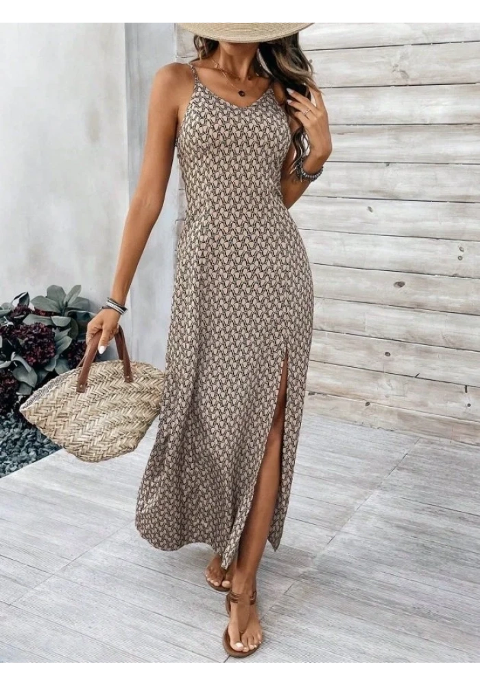 Kadın Ip Askılı V Yakalı Yırtmaçlı Uzun Süprem Elbise