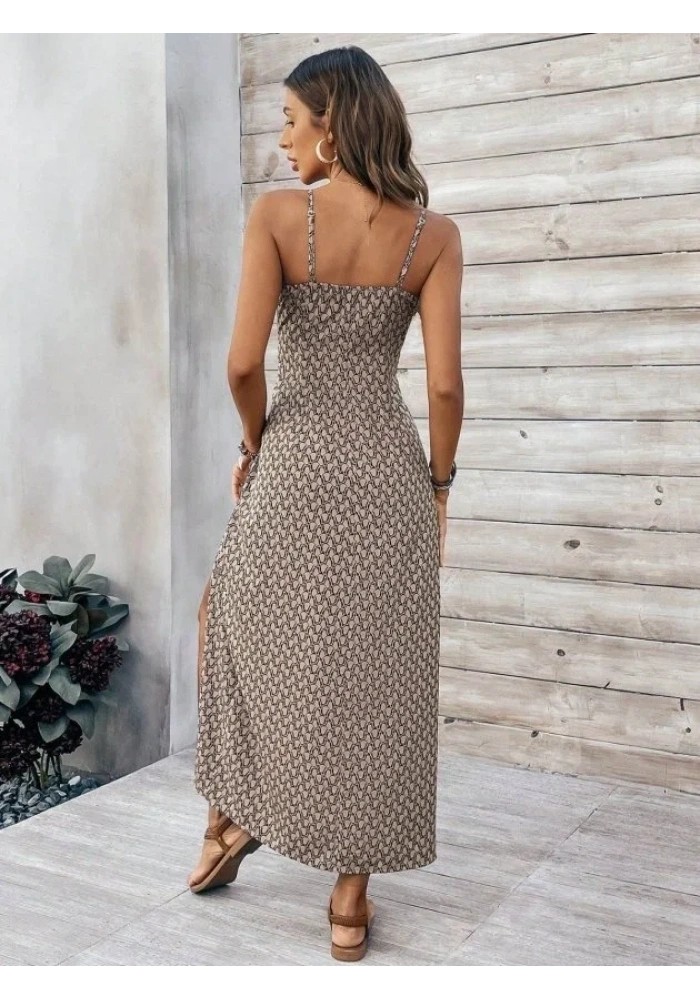 Kadın Ip Askılı V Yakalı Yırtmaçlı Uzun Süprem Elbise