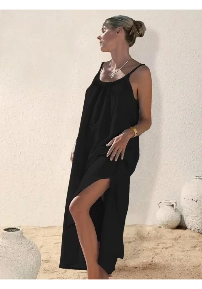 Kadın Ip Askılı Yuvarlak Yaka Yırtmaçlı Uzun Müslim Elbise