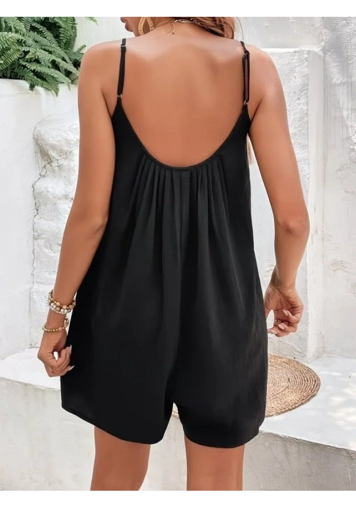 Kadın Ip Askılı Yuvarlak Yakalı Pileli Kısa Arobin Tulum