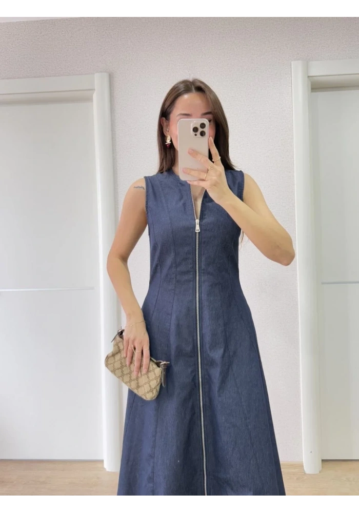 Kadın Jeans Kot Önü Tam Fermuarlı  Uzun Elbise - Mavi