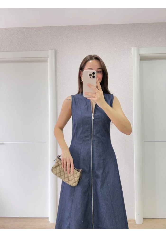 Kadın Jeans Kot Önü Tam Fermuarlı  Uzun Elbise - Mavi