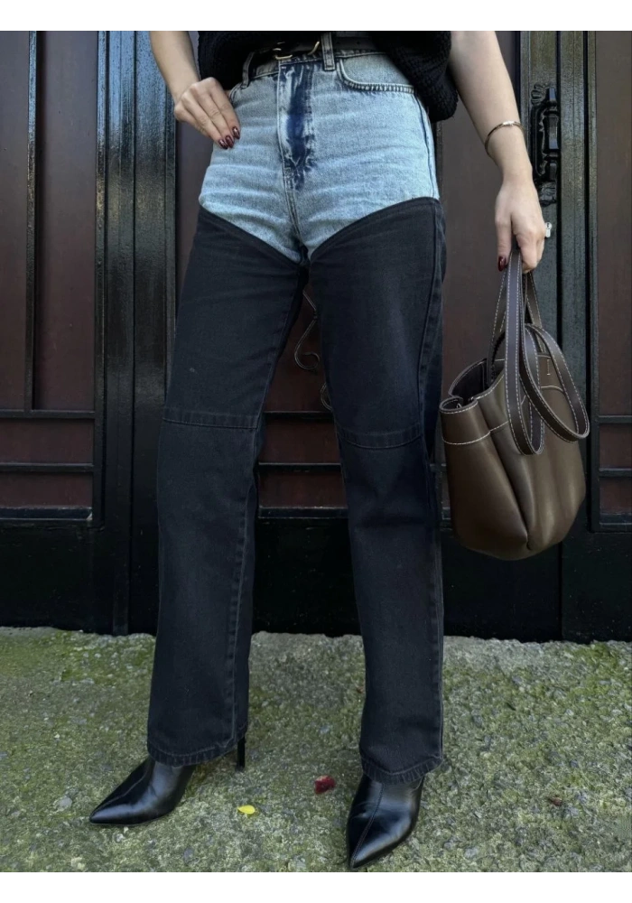 Kadın Jeans Kot Parçalı Palazzo Pantolon - Siyah