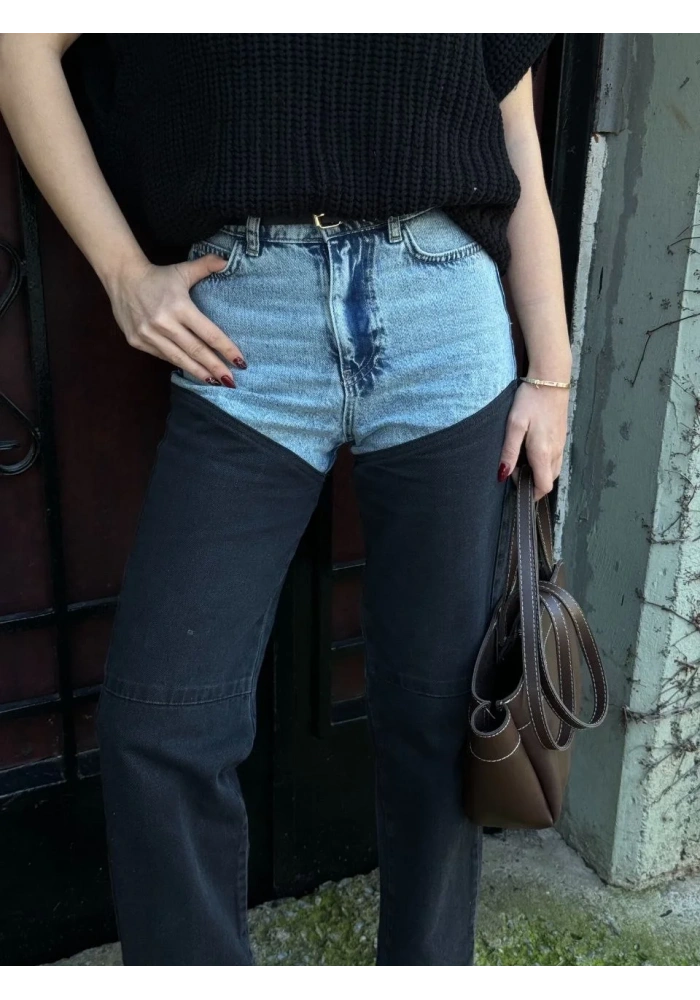 Kadın Jeans Kot Parçalı Palazzo Pantolon - Siyah