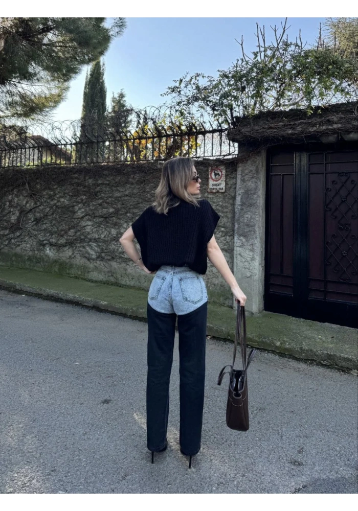 Kadın Jeans Kot Parçalı Palazzo Pantolon - Siyah